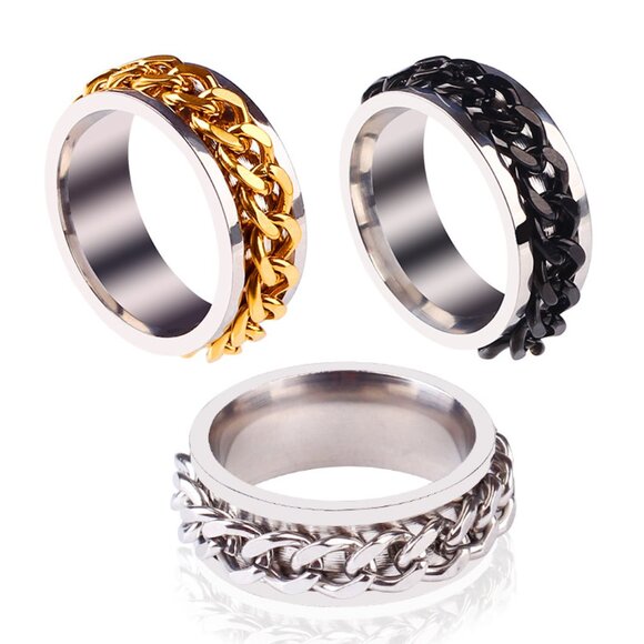 3/$35 Silver Stainless Steel Band Ring Black Chain Design Unisex Men Women - Picture 4 of 5